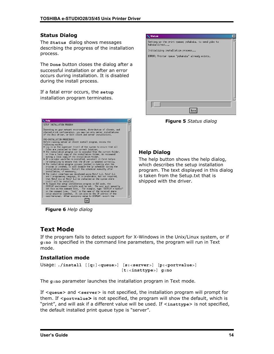 Status dialog, Help dialog, Text mode | Installation mode | Toshiba e-STUDIO35 User Manual | Page 22 / 53