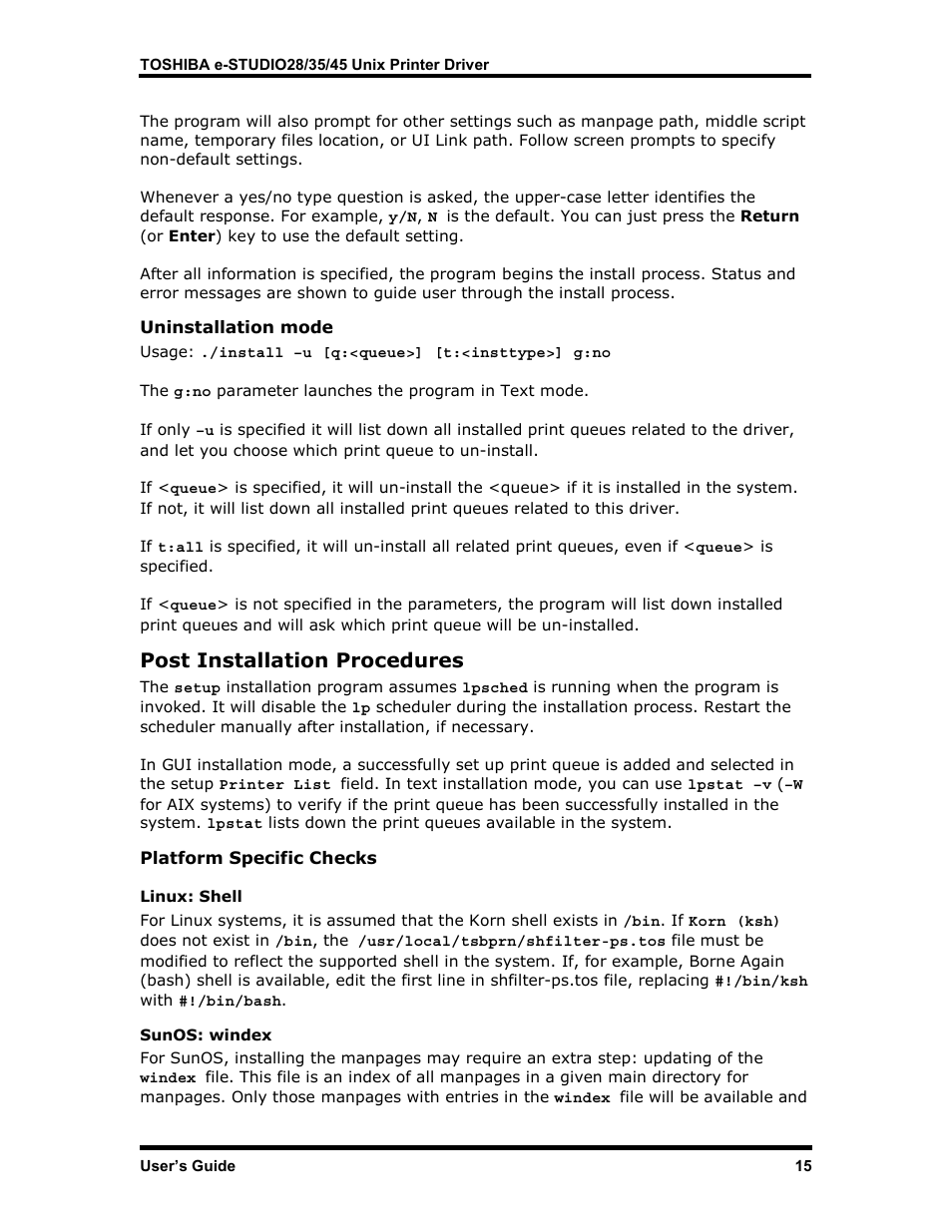 Uninstallation mode, Post installation procedures, Platform specific checks | Linux: shell, Sunos: windex, Nstallation, Rocedures | Toshiba e-STUDIO35 User Manual | Page 23 / 53