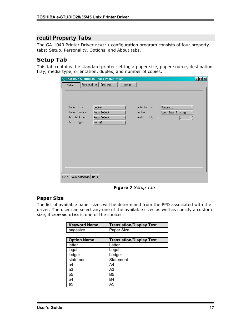 Rcutil property tabs, Setup tab, Paper size | Etup | Toshiba e-STUDIO35 User Manual | Page 25 / 53