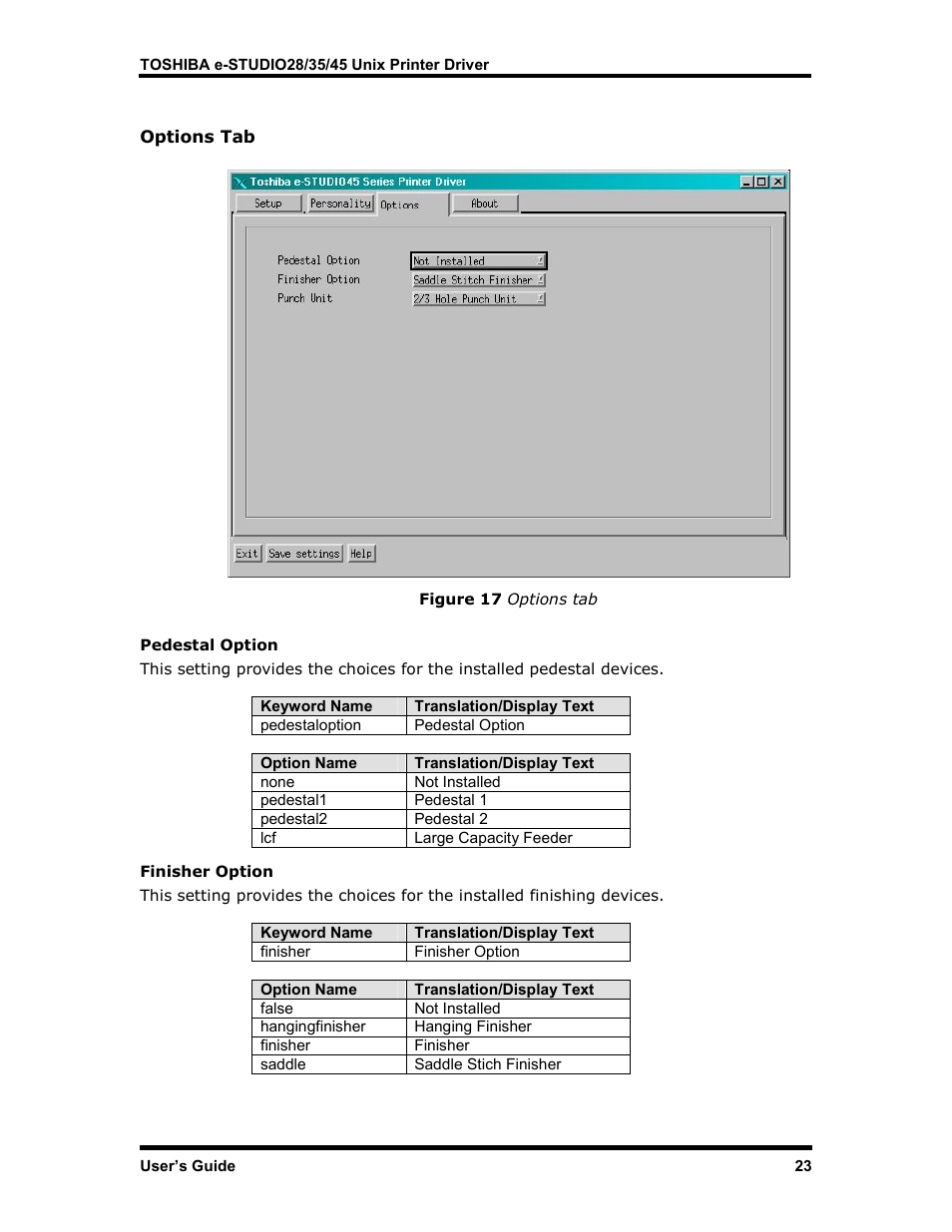 Options tab, Pedestal option, Finisher option | Toshiba e-STUDIO35 User Manual | Page 31 / 53