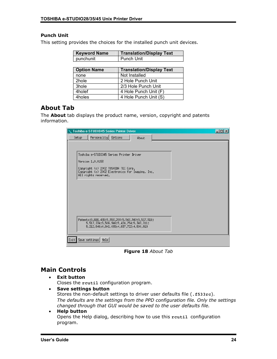 Punch unit, About tab, Main controls | Bout, Ontrols | Toshiba e-STUDIO35 User Manual | Page 32 / 53