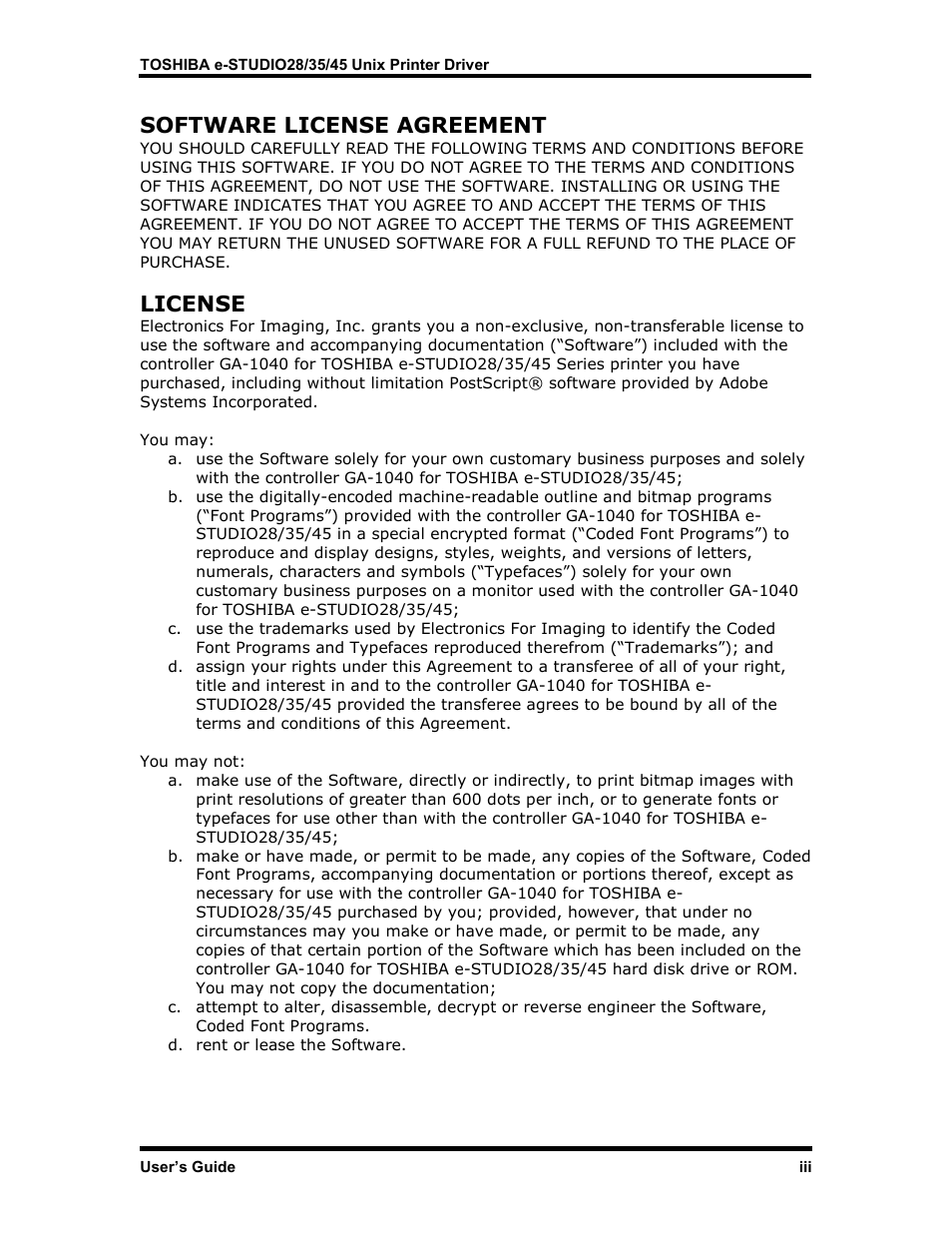 Software license agreement, License | Toshiba e-STUDIO35 User Manual | Page 4 / 53
