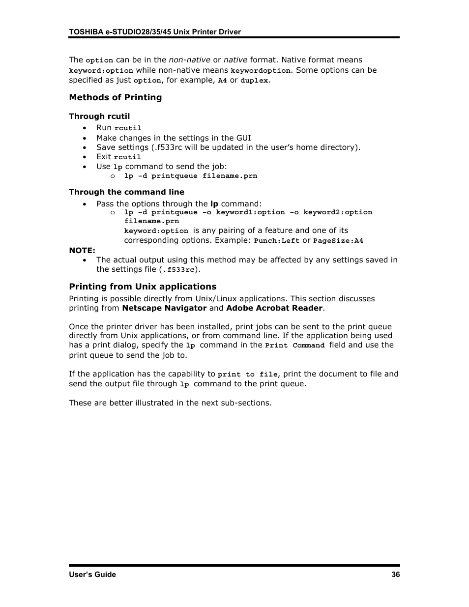 Methods of printing, Through rcutil, Through the command line | Printing from unix applications | Toshiba e-STUDIO35 User Manual | Page 44 / 53