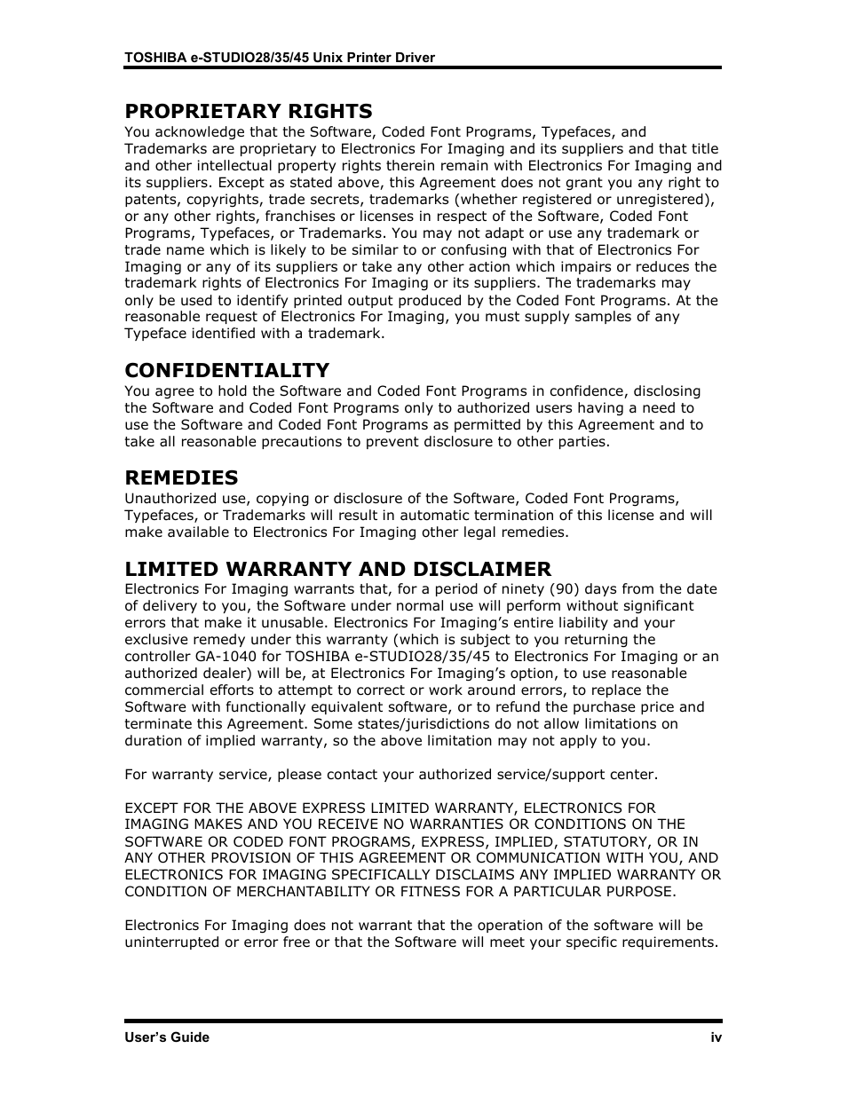 Proprietary rights, Confidentiality, Remedies | Limited warranty and disclaimer | Toshiba e-STUDIO35 User Manual | Page 5 / 53