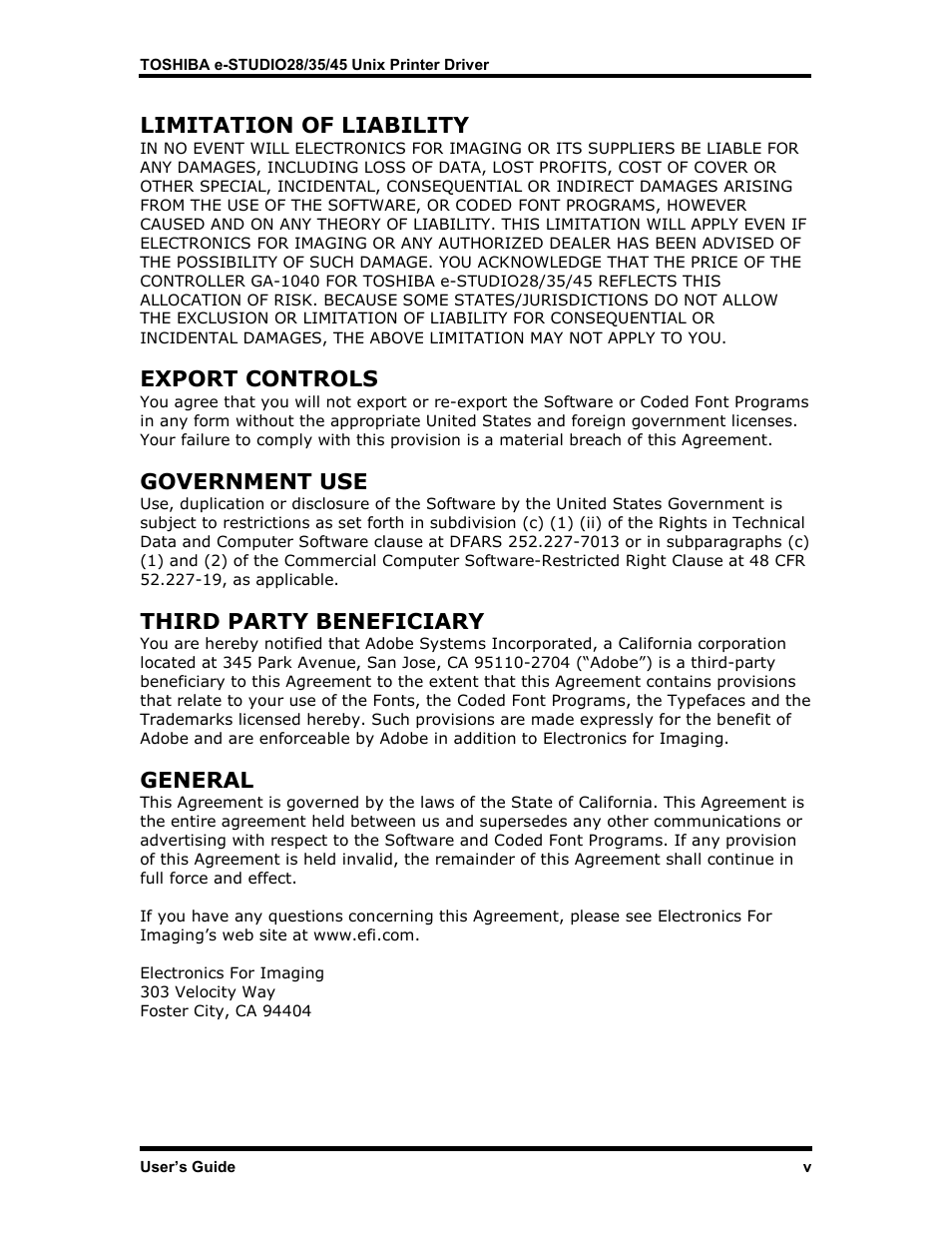 Limitation of liability, Export controls, Government use | Third party beneficiary, General | Toshiba e-STUDIO35 User Manual | Page 6 / 53