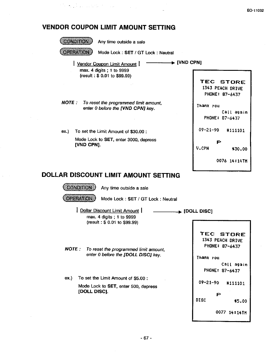 Vendor coupon limit amount setting, Dollar discount limit amount setting | Toshiba TEC FDS-30 User Manual | Page 133 / 142