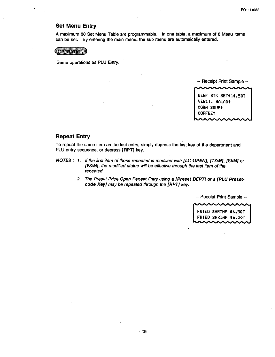 Set menu entry, Repeat entry | Toshiba TEC FDS-30 User Manual | Page 25 / 142
