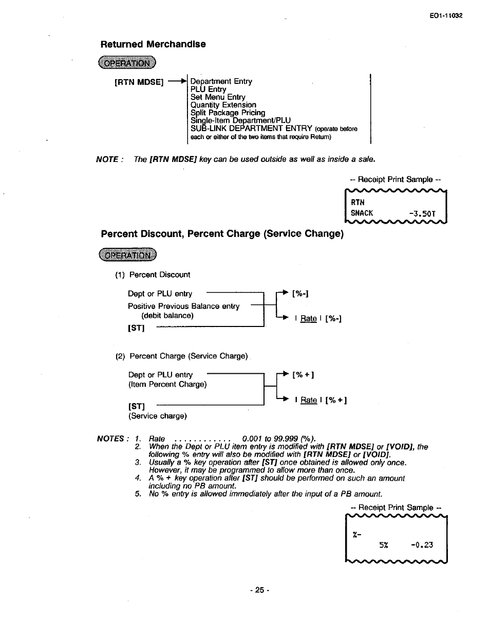 Returned merchandise, Rtn mdse, Percent discount, percent charge (service change) | Toshiba TEC FDS-30 User Manual | Page 31 / 142