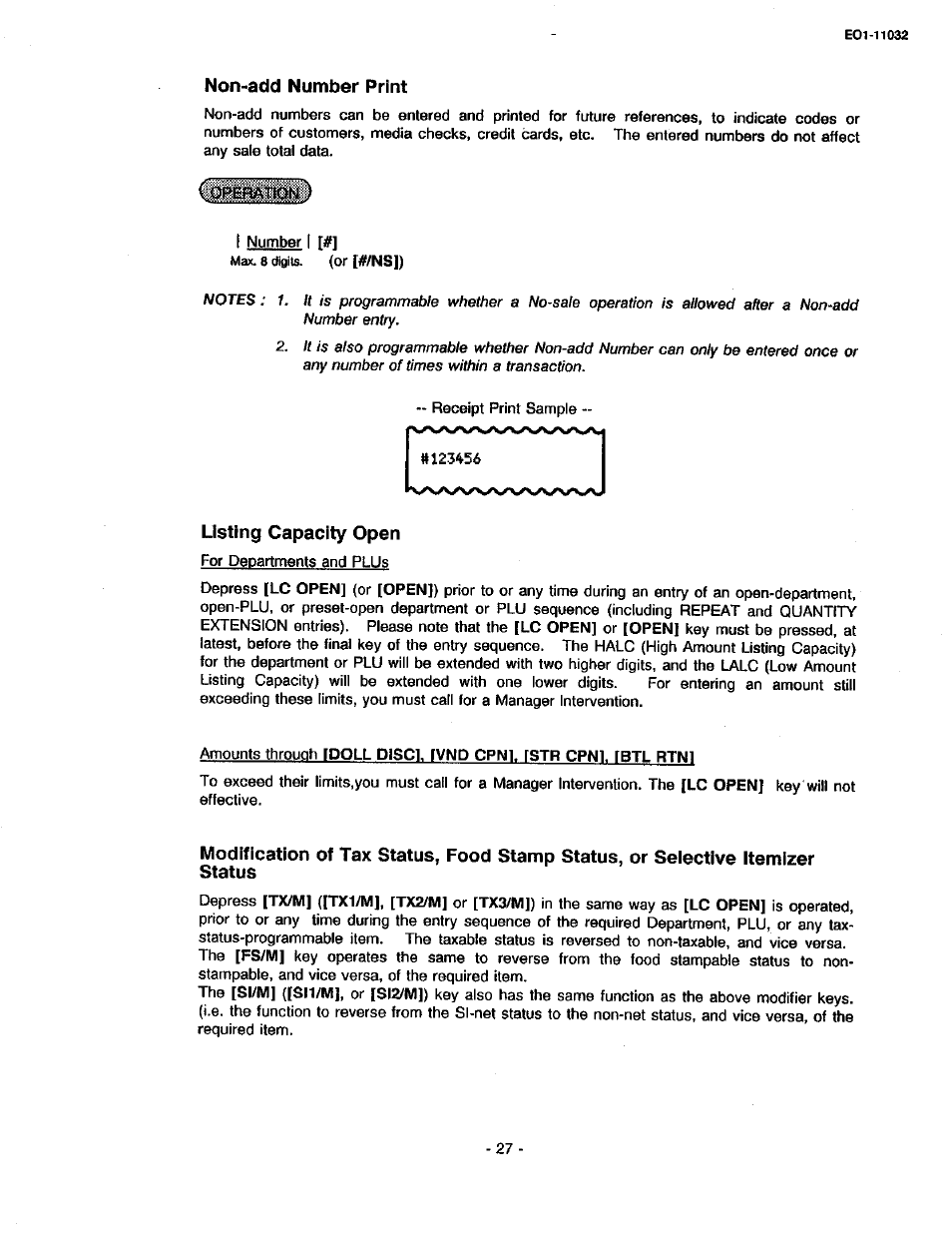 Non-add number print, Listing capacity open | Toshiba TEC FDS-30 User Manual | Page 33 / 142