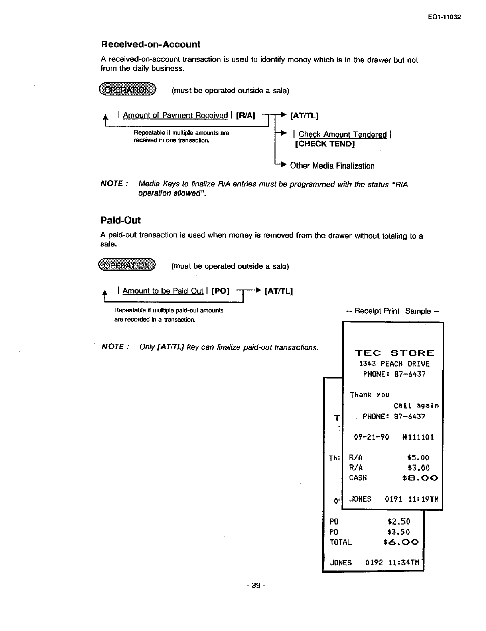 Received-on-account, Atatl, Paid-out | At^l, S,oo | Toshiba TEC FDS-30 User Manual | Page 45 / 142