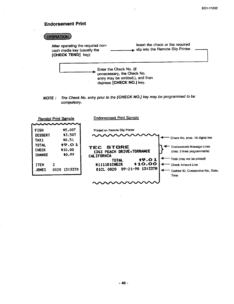 Endorsement print, Tec store, 1343 peach driveftorrance california | Total $^-ox, Iillllolcheck $ xo.oo oicl 0020 09-21-90 13:33th | Toshiba TEC FDS-30 User Manual | Page 54 / 142