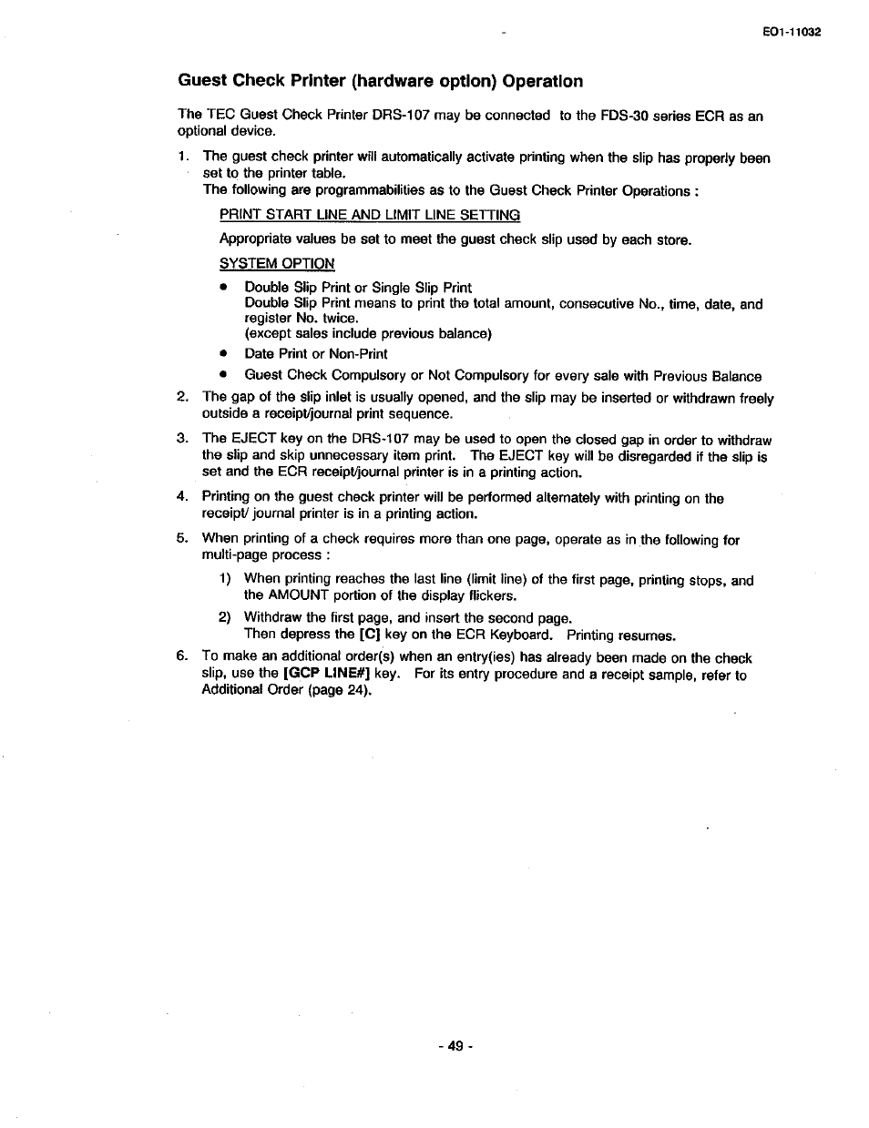 Guest check printer (hardware option) operation | Toshiba TEC FDS-30 User Manual | Page 55 / 142