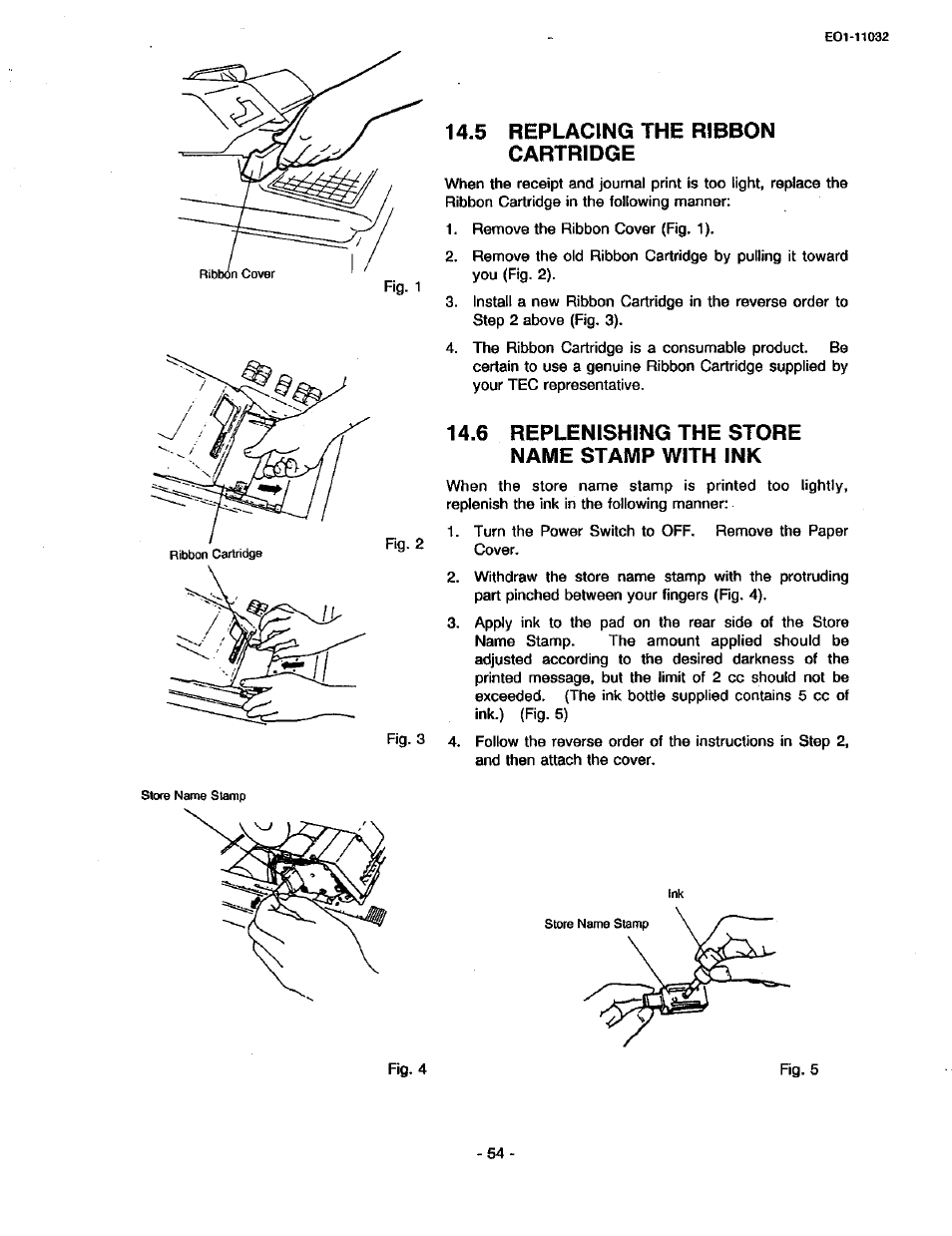 5 replacing the ribbon cartridge, 6 replenishing the store name stamp with ink | Toshiba TEC FDS-30 User Manual | Page 60 / 142