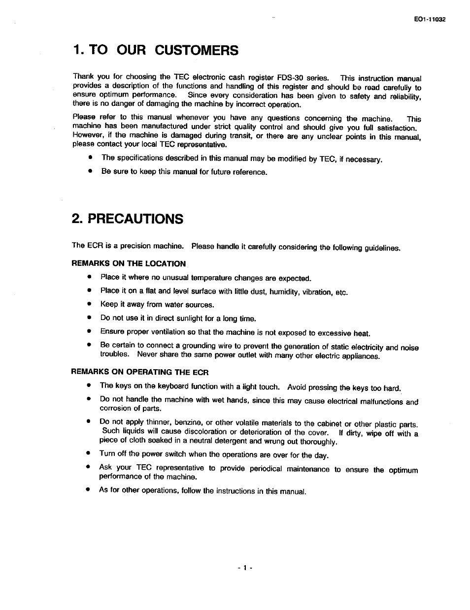 To our customers, Precautions, Remarks on the location | Remarks on operating the ecr | Toshiba TEC FDS-30 User Manual | Page 7 / 142