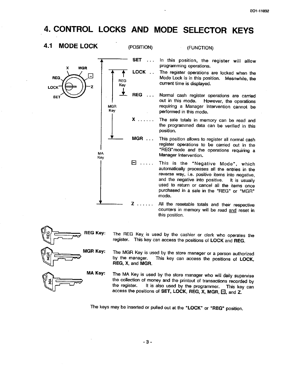Control locks and mode selector keys, 1 mode lock | Toshiba TEC FDS-30 User Manual | Page 9 / 142