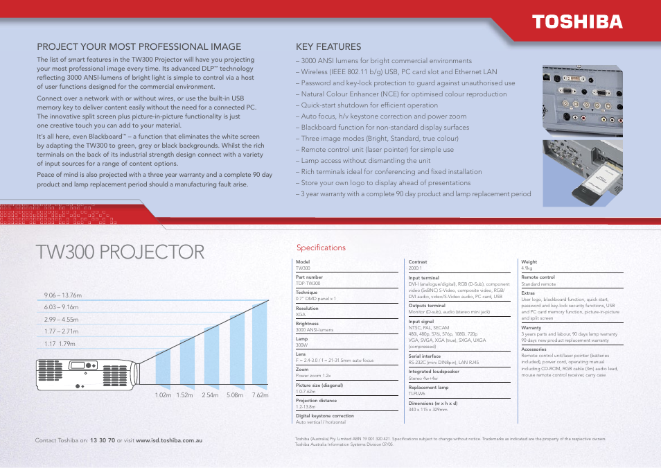 Tw300 projector, Key features, Project your most professional image | Toshiba TW300 User Manual | Page 2 / 2