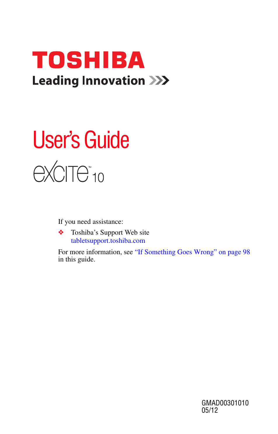 Toshiba Excite 10 GMAD00301010 User Manual | 122 pages