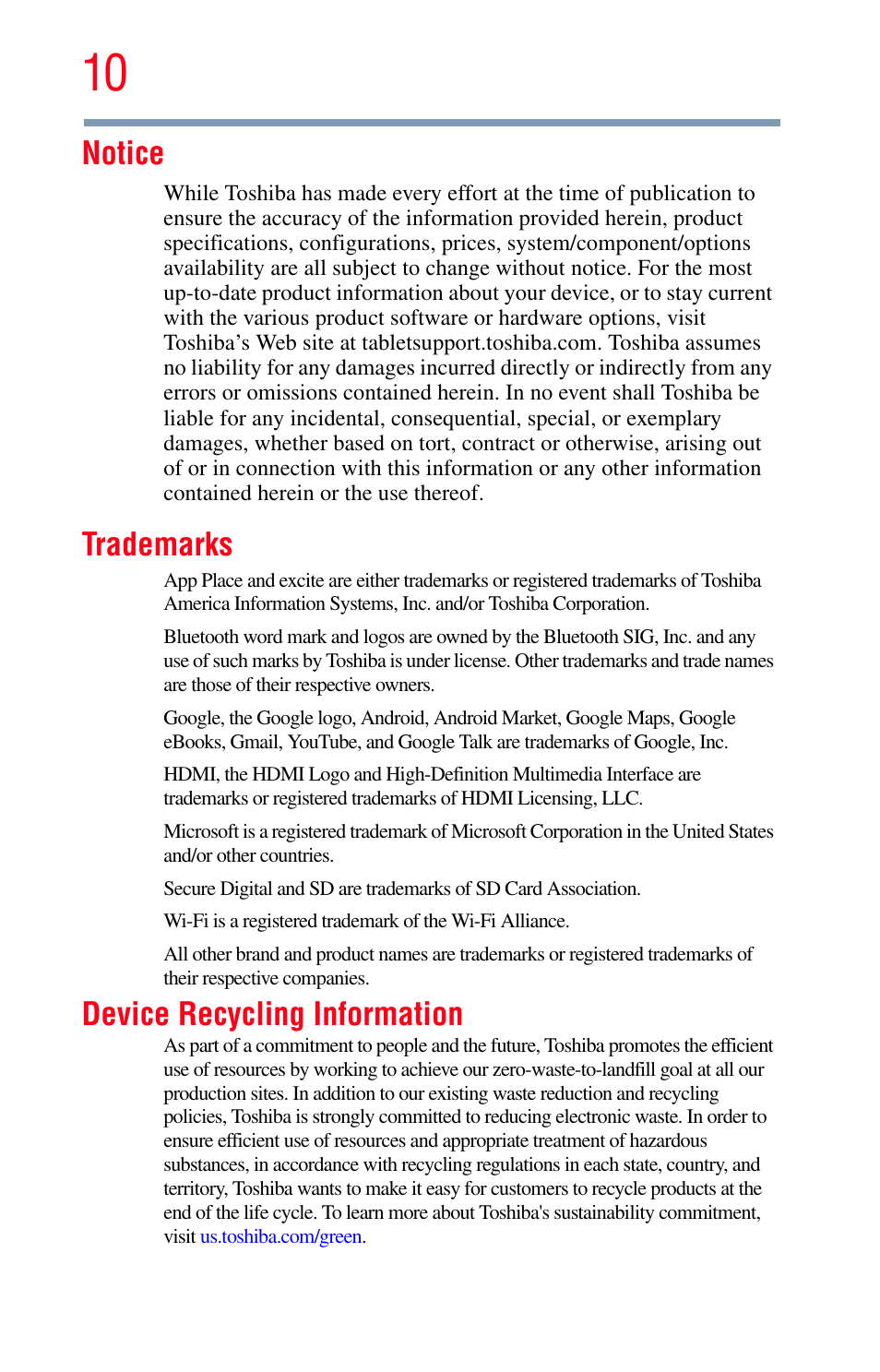 Notice, Trademarks, Device recycling information | Toshiba Excite 10 GMAD00301010 User Manual | Page 10 / 122