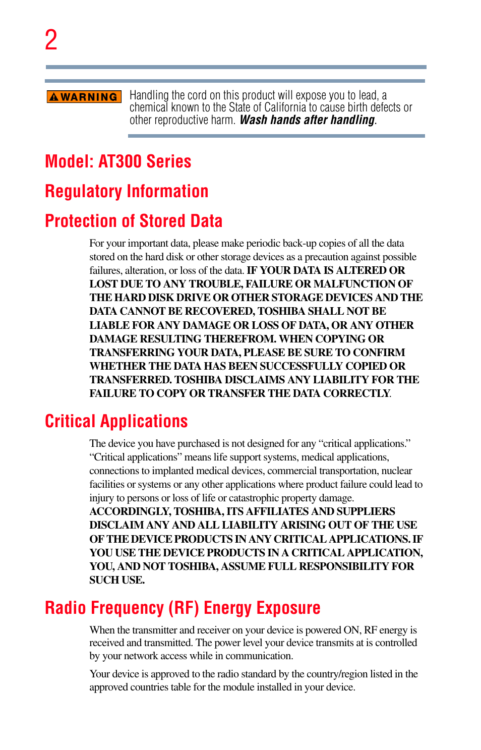 Critical applications, Radio frequency (rf) energy exposure | Toshiba Excite 10 GMAD00301010 User Manual | Page 2 / 122