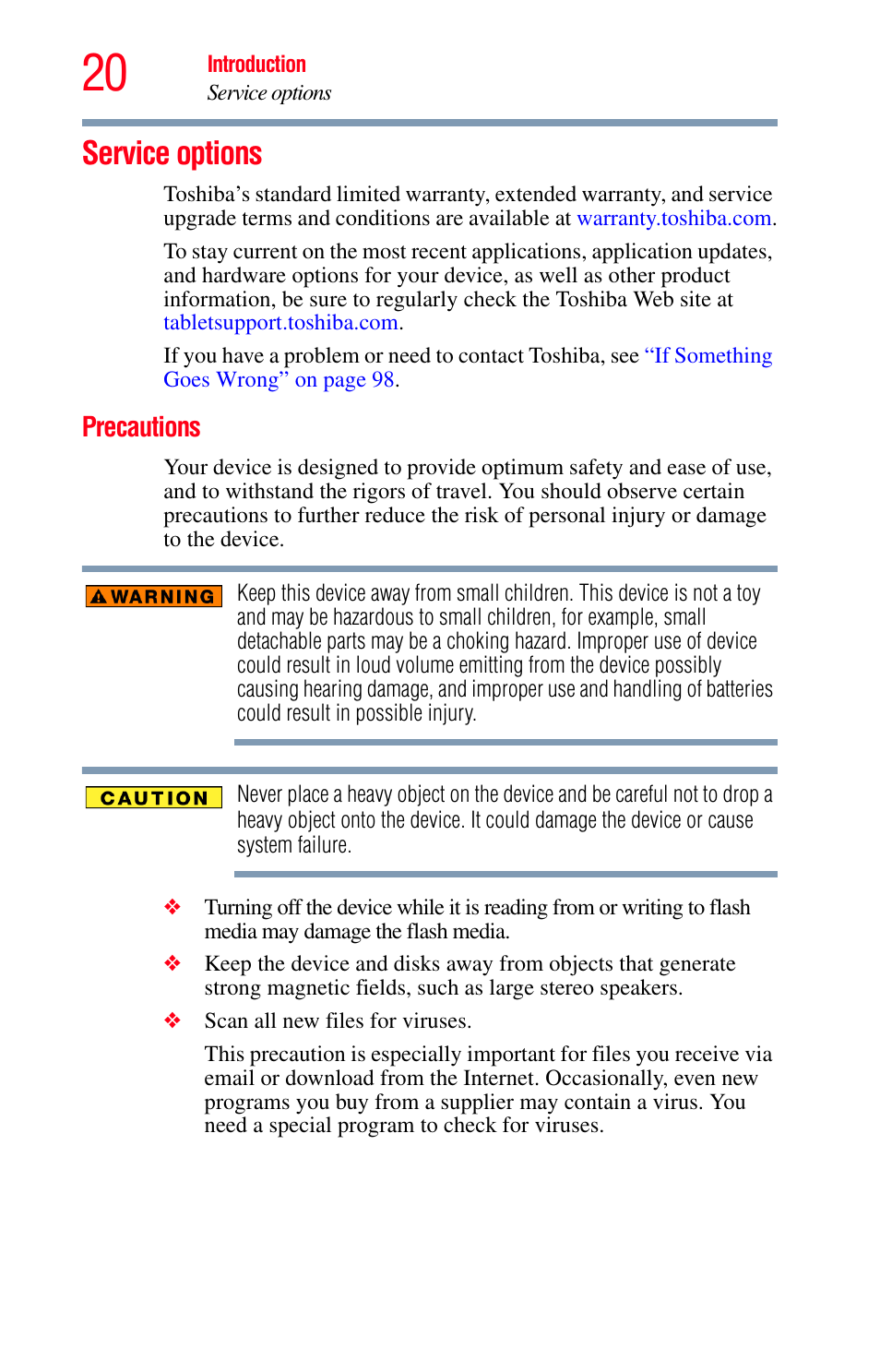 Service options, Precautions | Toshiba Excite 10 GMAD00301010 User Manual | Page 20 / 122