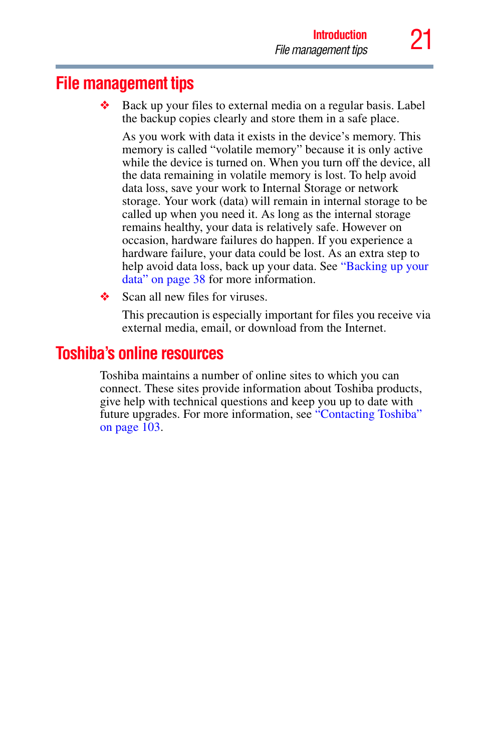 File management tips, Toshiba’s online resources, File management tips toshiba’s online resources | Toshiba Excite 10 GMAD00301010 User Manual | Page 21 / 122