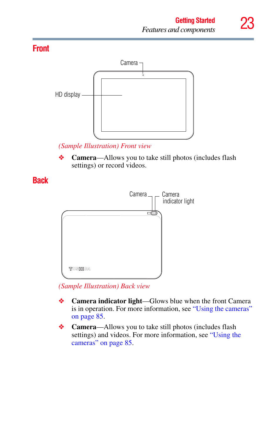 Front, Back, Front back | Toshiba Excite 10 GMAD00301010 User Manual | Page 23 / 122