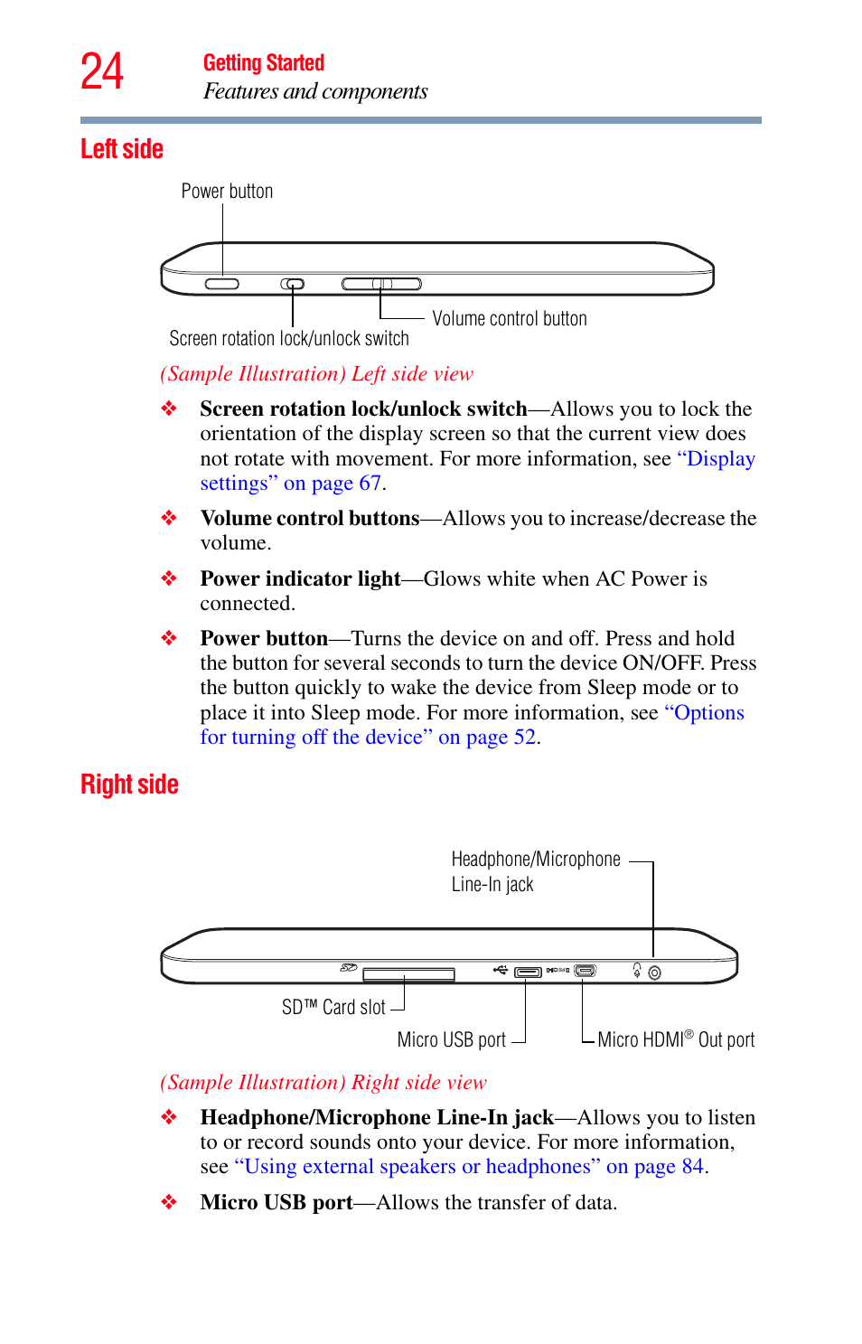 Left side, Right side, Left side right side | Toshiba Excite 10 GMAD00301010 User Manual | Page 24 / 122