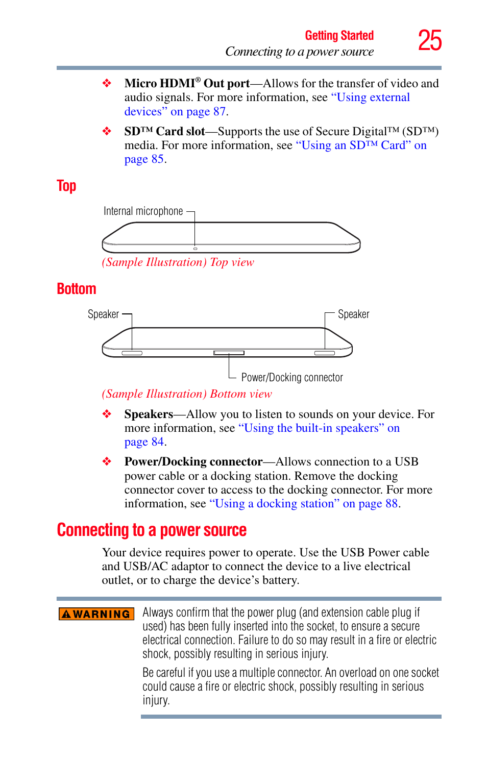 Bottom, Connecting to a power source, Top bottom | Toshiba Excite 10 GMAD00301010 User Manual | Page 25 / 122