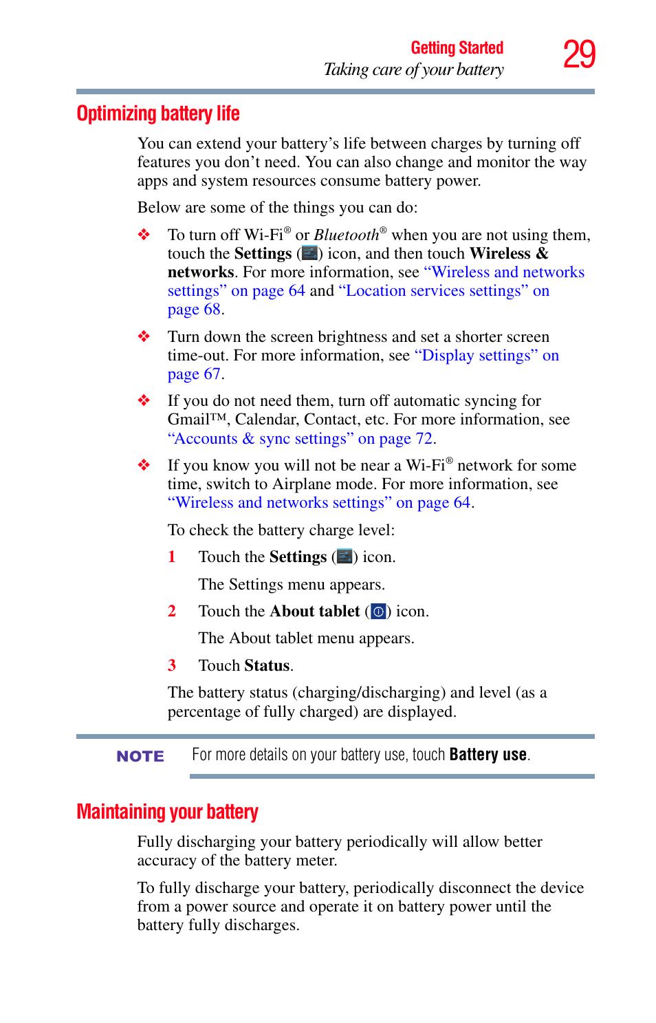 Optimizing battery life, Maintaining your battery, Optimizing battery life maintaining your battery | Toshiba Excite 10 GMAD00301010 User Manual | Page 29 / 122