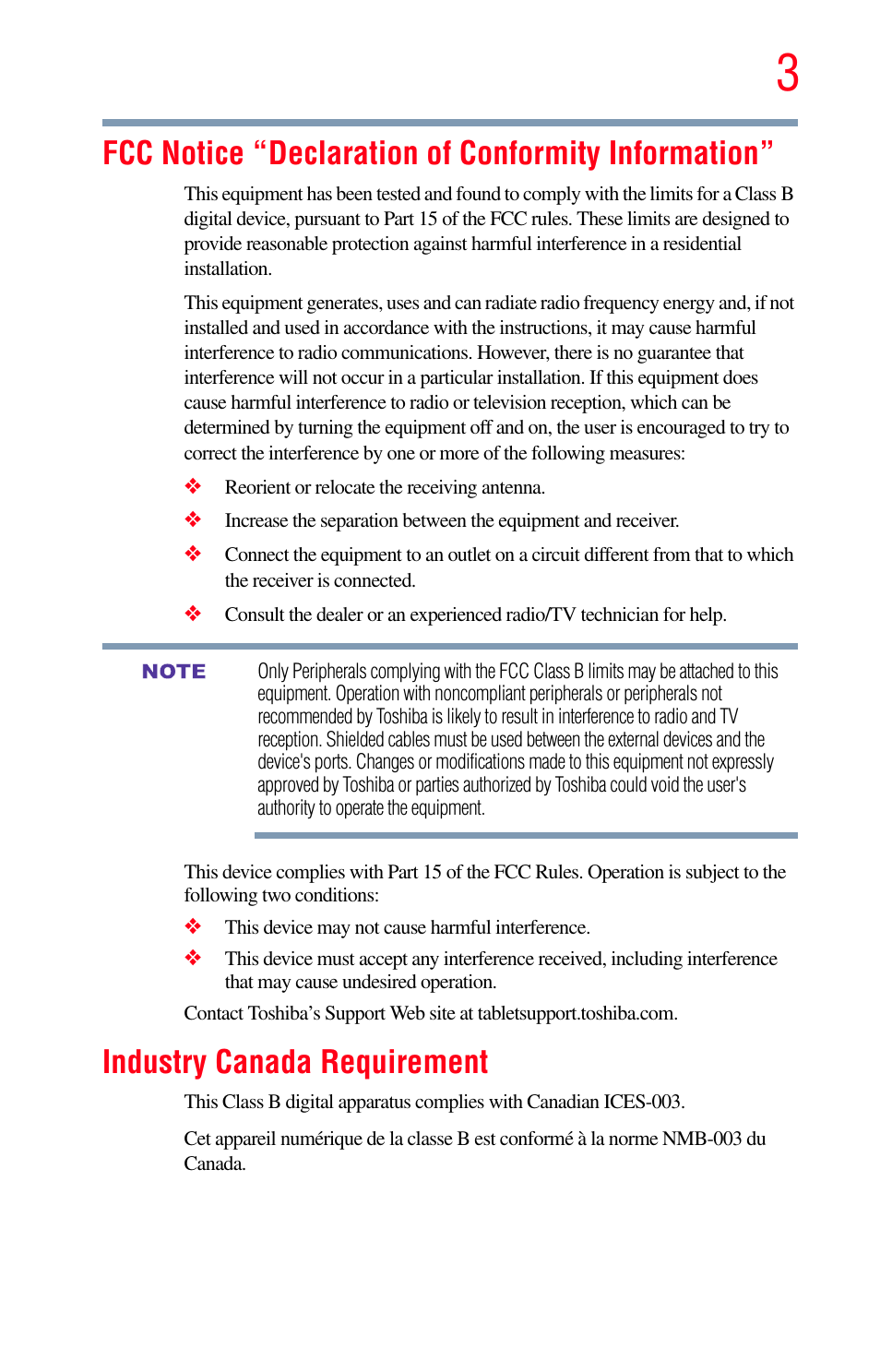 Fcc notice “declaration of conformity information, Industry canada requirement | Toshiba Excite 10 GMAD00301010 User Manual | Page 3 / 122