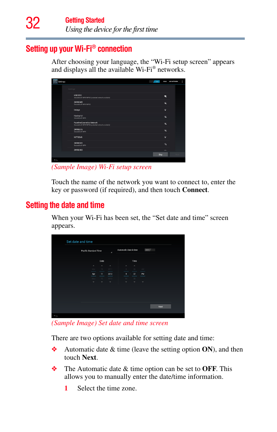 Setting up your wi-fi® connection, Setting the date and time | Toshiba Excite 10 GMAD00301010 User Manual | Page 32 / 122