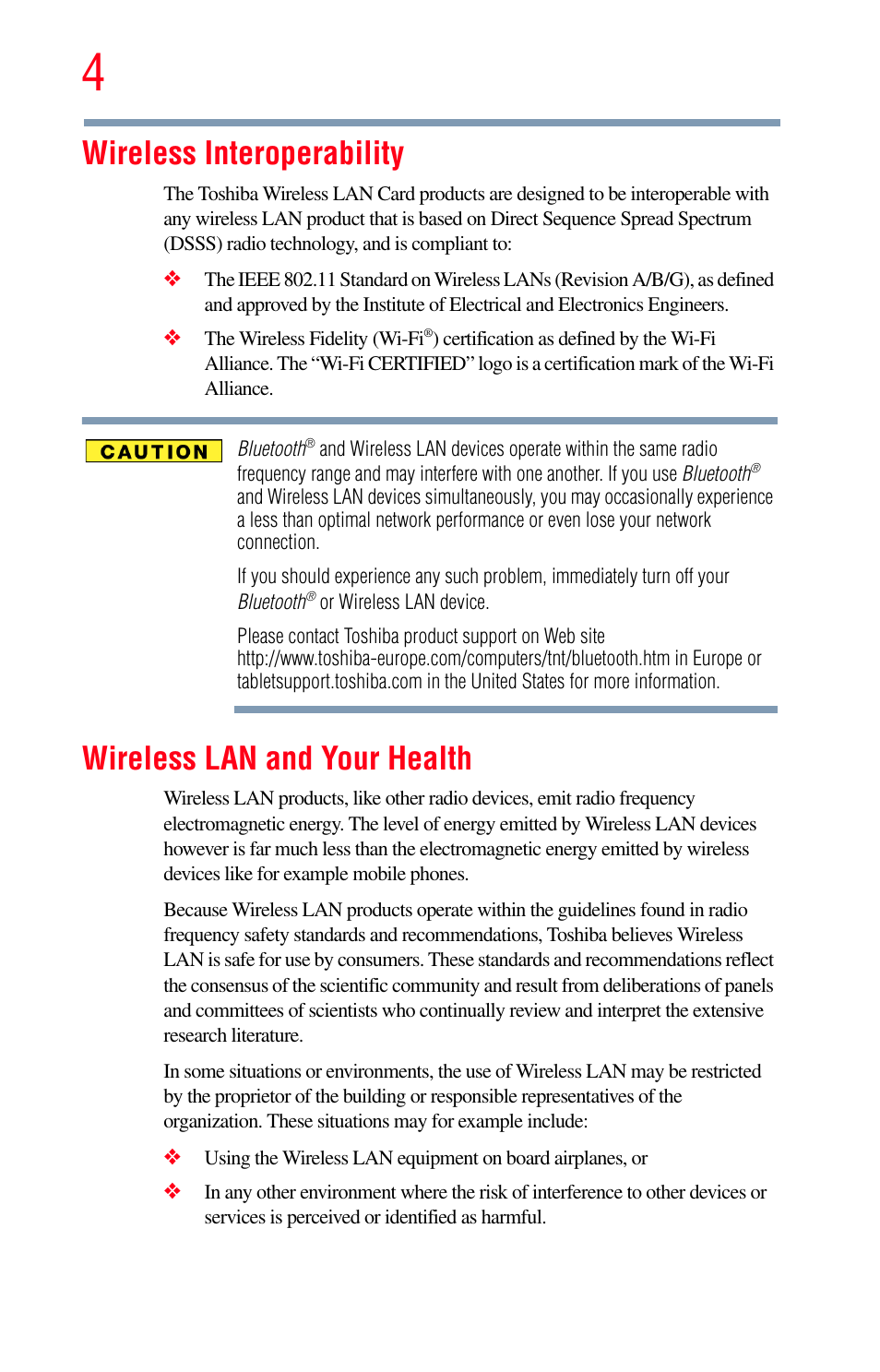 Wireless interoperability, Wireless lan and your health | Toshiba Excite 10 GMAD00301010 User Manual | Page 4 / 122