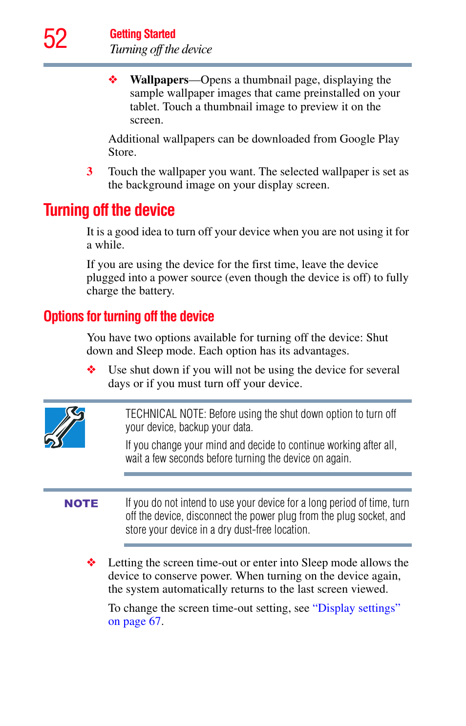 Turning off the device, Options for turning off the device, Options | Toshiba Excite 10 GMAD00301010 User Manual | Page 52 / 122