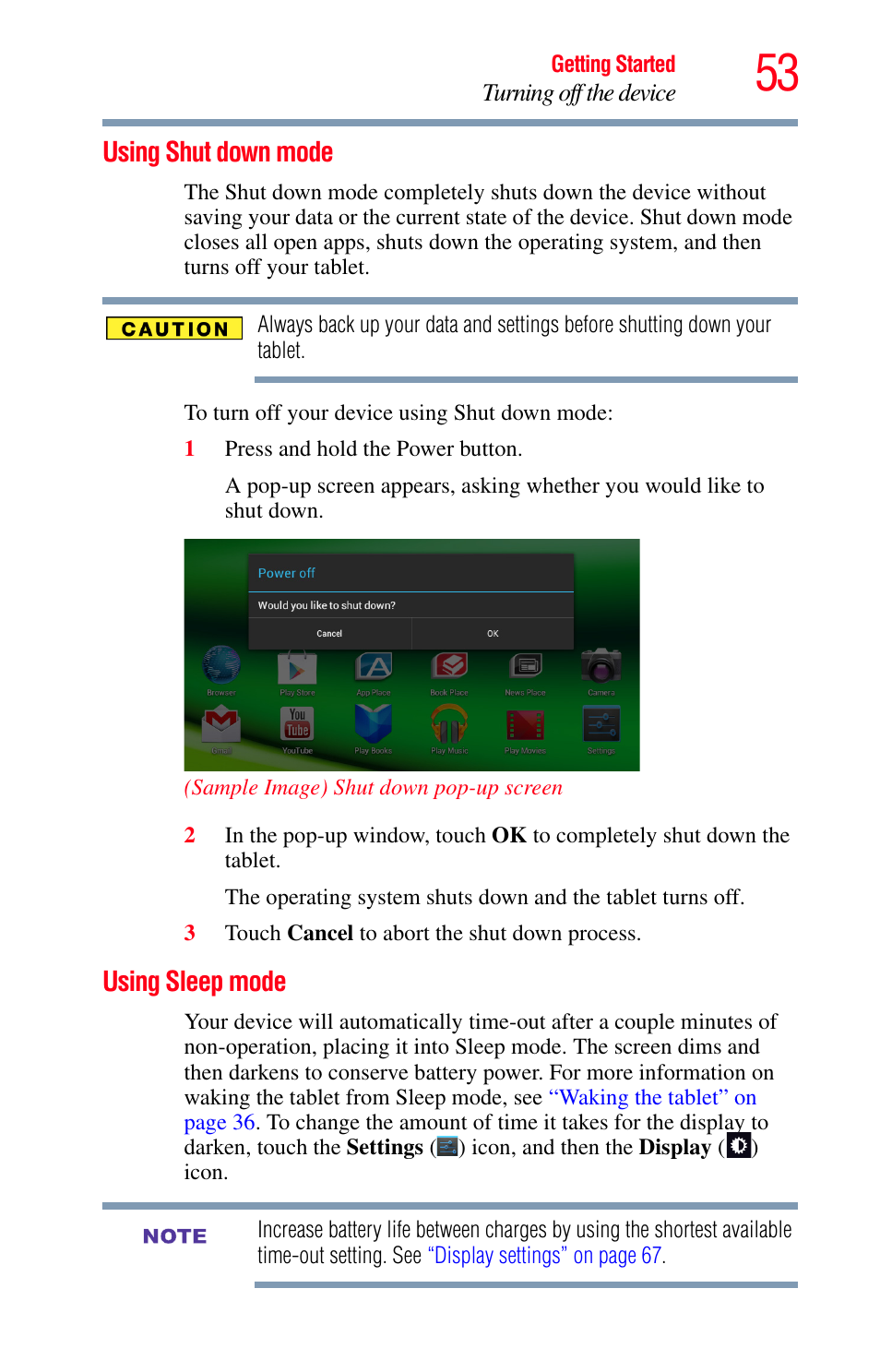 Using shut down mode, Using sleep mode, Using shut down mode using sleep mode | Toshiba Excite 10 GMAD00301010 User Manual | Page 53 / 122