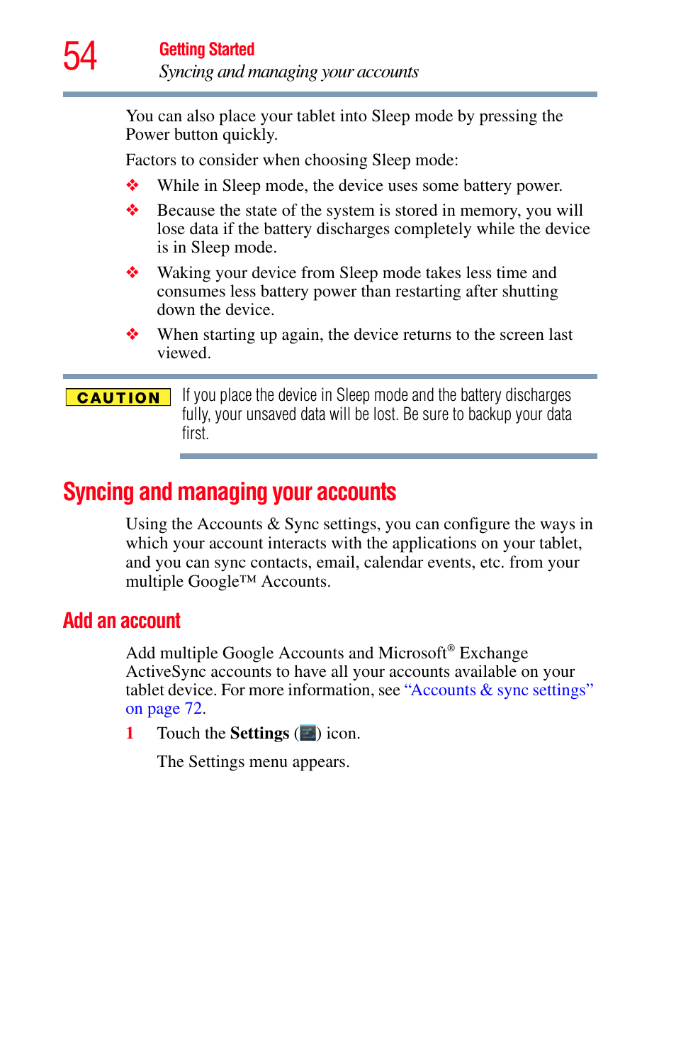 Syncing and managing your accounts, Add an account | Toshiba Excite 10 GMAD00301010 User Manual | Page 54 / 122