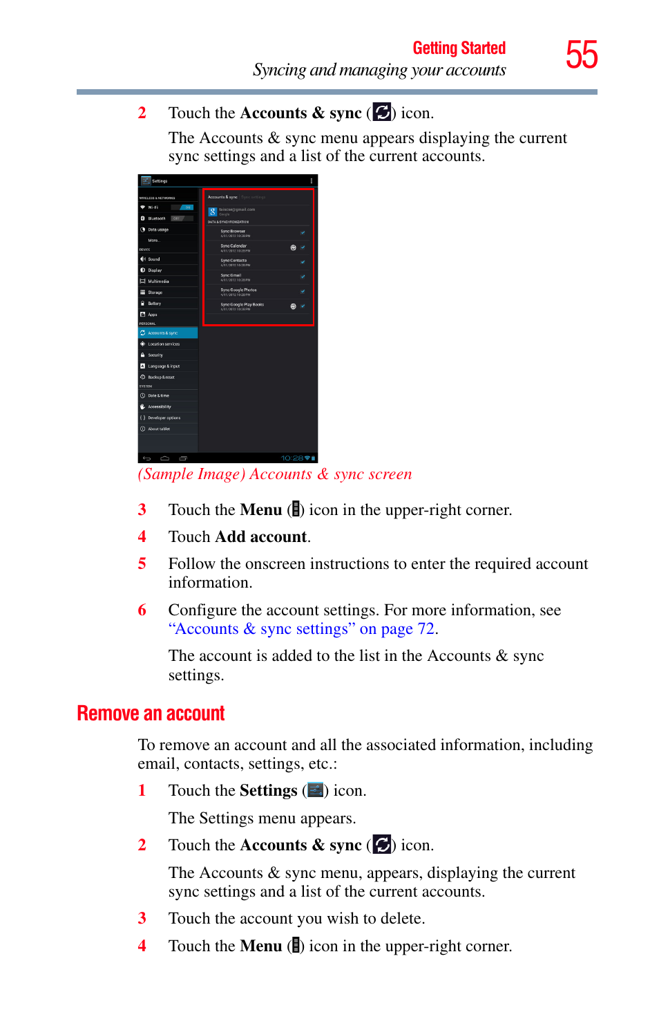 Remove an account | Toshiba Excite 10 GMAD00301010 User Manual | Page 55 / 122