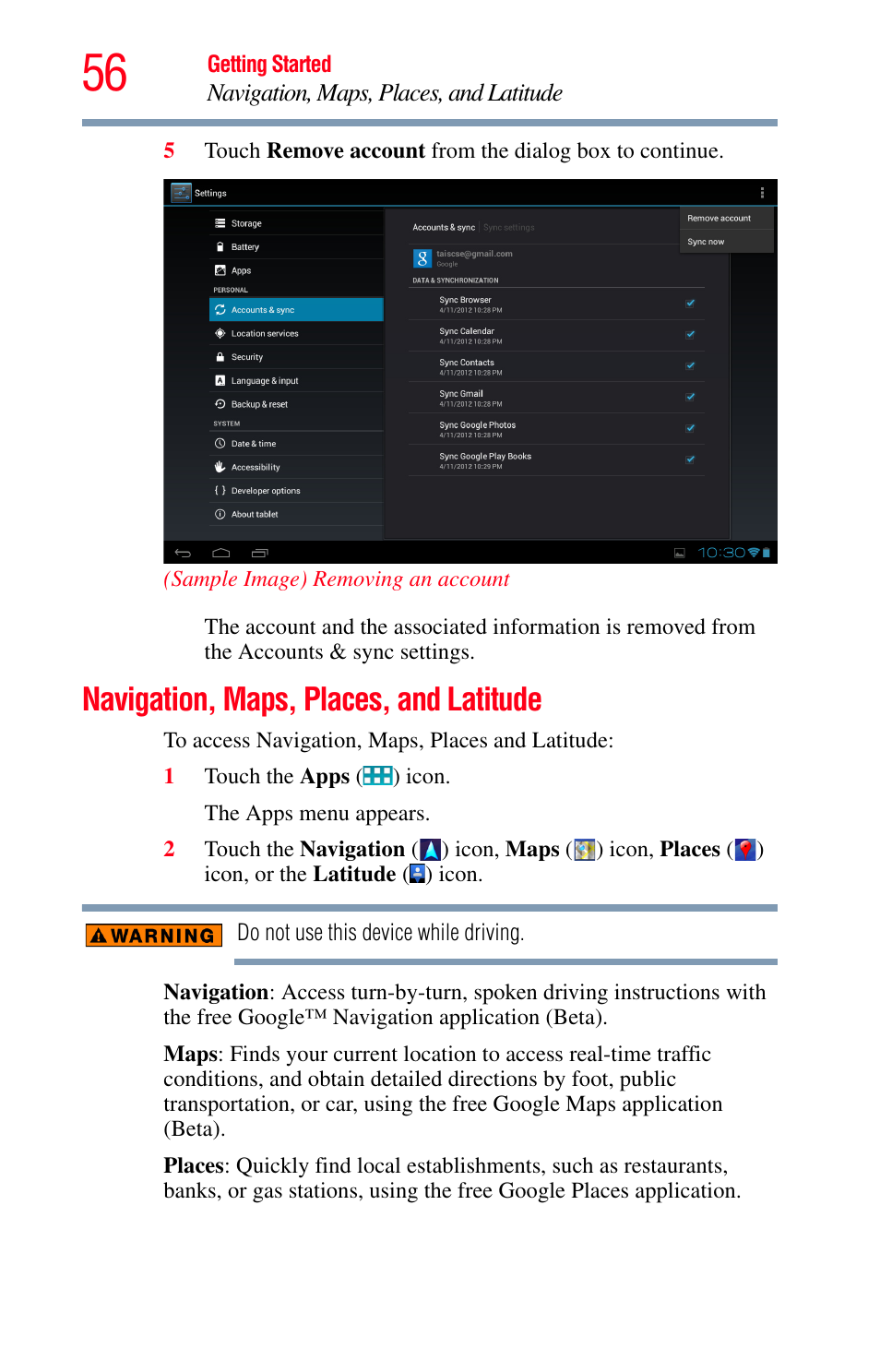 Navigation, maps, places, and latitude | Toshiba Excite 10 GMAD00301010 User Manual | Page 56 / 122