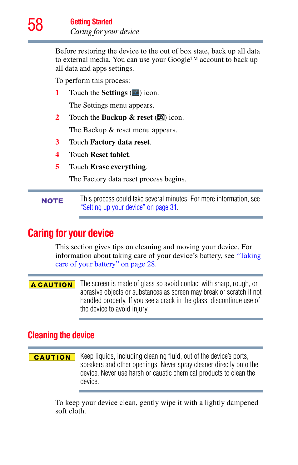 Caring for your device, Cleaning the device | Toshiba Excite 10 GMAD00301010 User Manual | Page 58 / 122