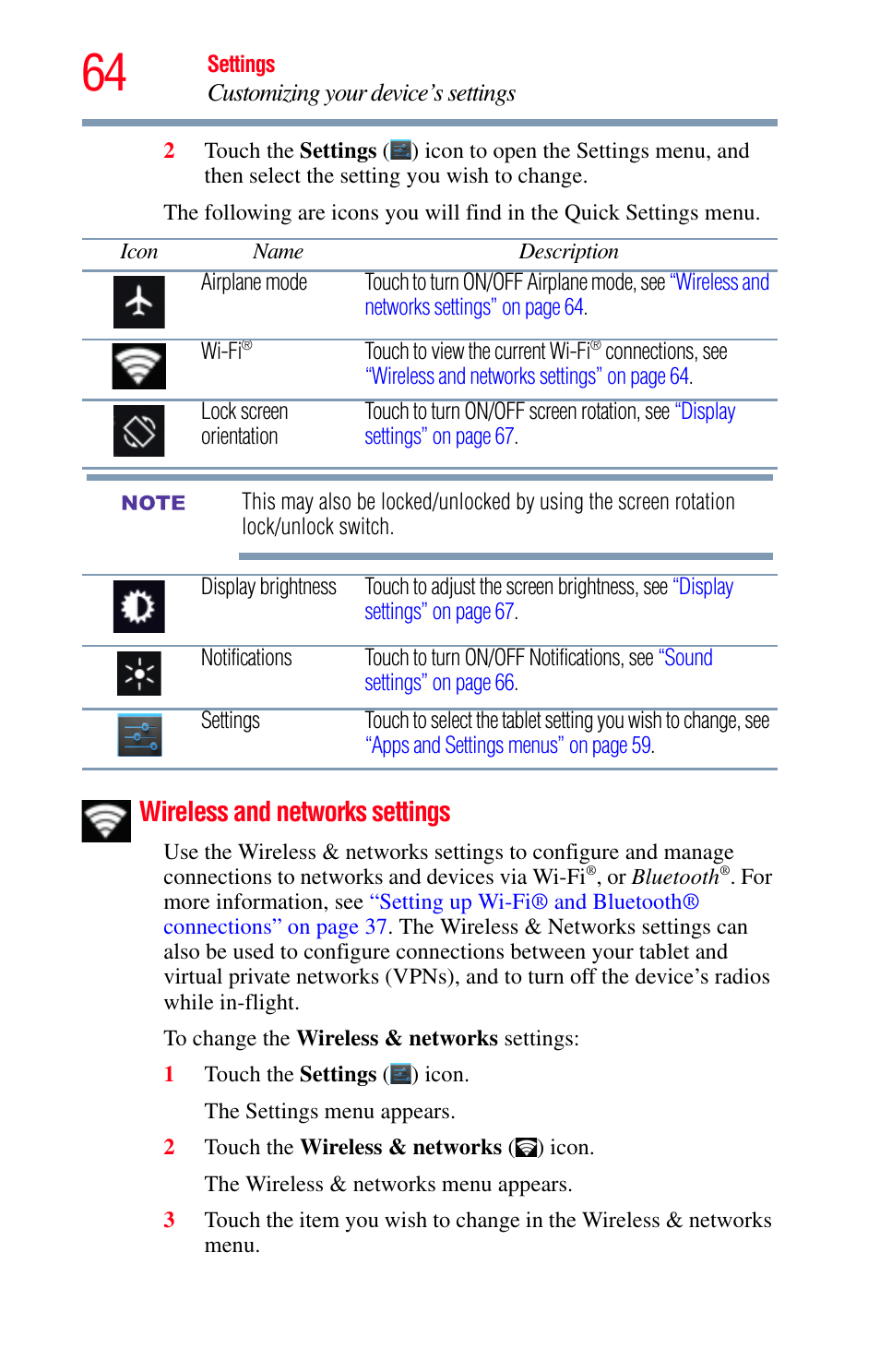 Wireless and networks settings, Wireless and networks | Toshiba Excite 10 GMAD00301010 User Manual | Page 64 / 122