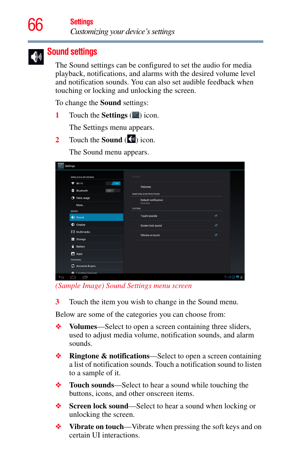 Sound settings, Volume level and notification sounds, see, Sound | Toshiba Excite 10 GMAD00301010 User Manual | Page 66 / 122