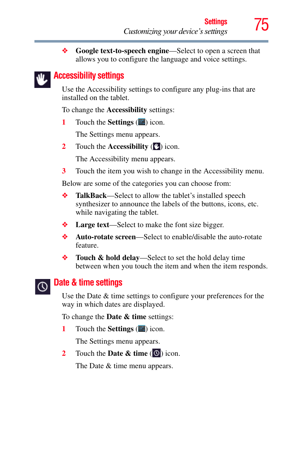 Accessibility settings, Date & time settings, Accessibility settings date & time settings | Accessibility | Toshiba Excite 10 GMAD00301010 User Manual | Page 75 / 122