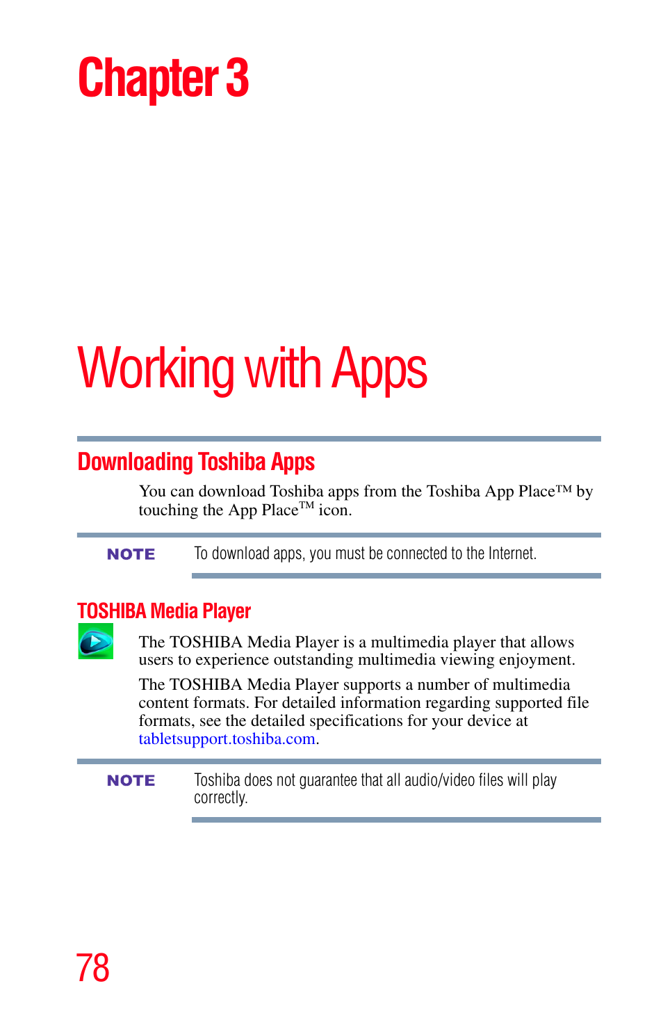 Chapter 3: working with apps, Downloading toshiba apps, Toshiba media player | Toshiba, Working with apps, Chapter 3 | Toshiba Excite 10 GMAD00301010 User Manual | Page 78 / 122