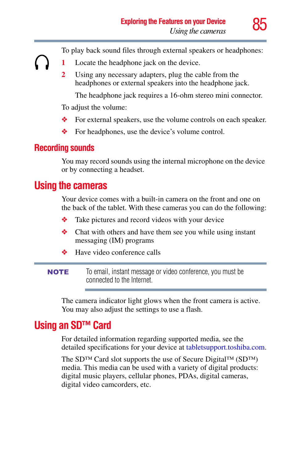 Recording sounds, Using the cameras, Using an sd™ card | Using the cameras using an sd™ card, Using the, Using an sd™ card” on, Using an, Et, see, Using the cameras” on | Toshiba Excite 10 GMAD00301010 User Manual | Page 85 / 122