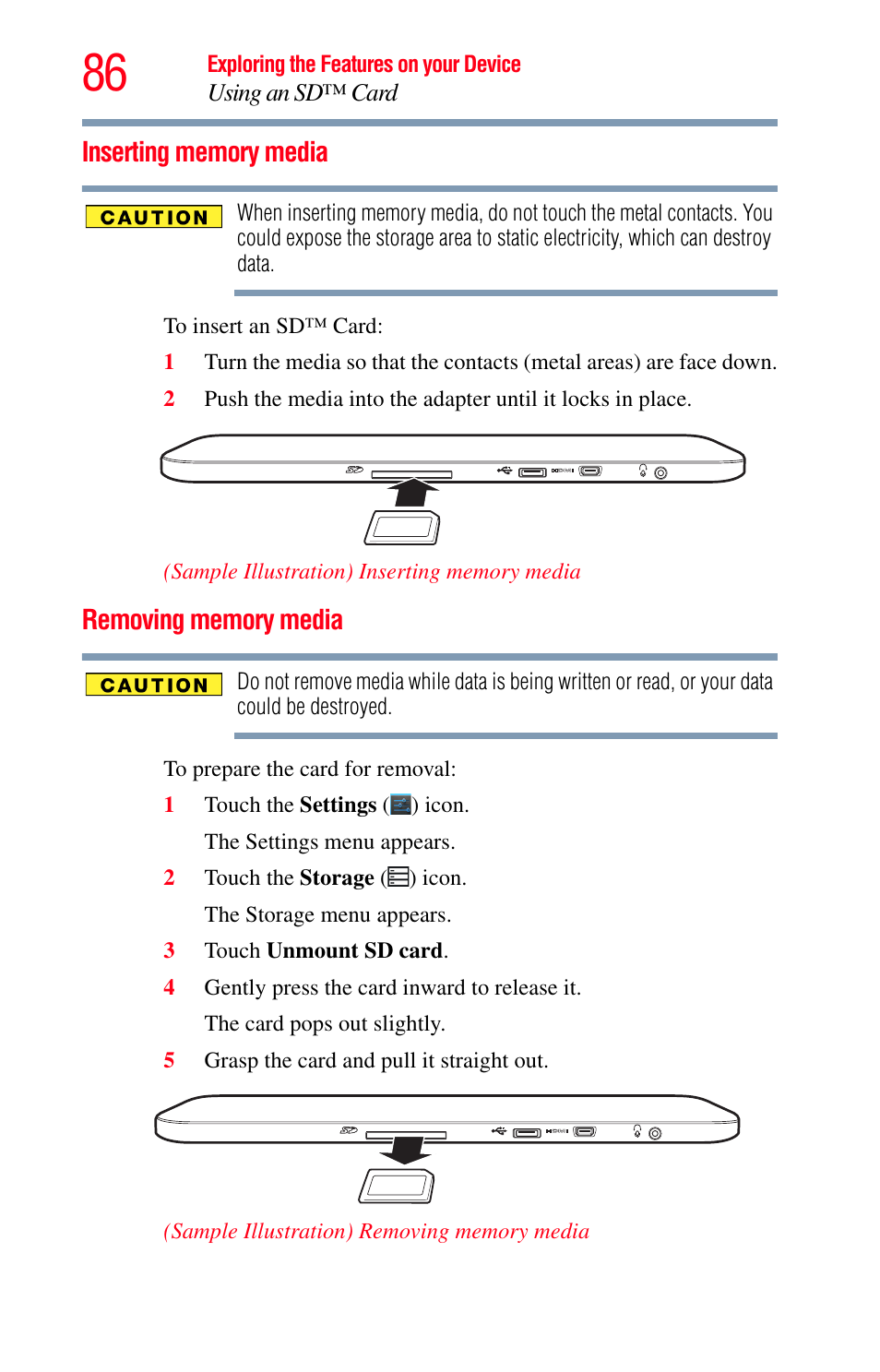 Inserting memory media, Removing memory media, Inserting memory media removing memory media | Toshiba Excite 10 GMAD00301010 User Manual | Page 86 / 122