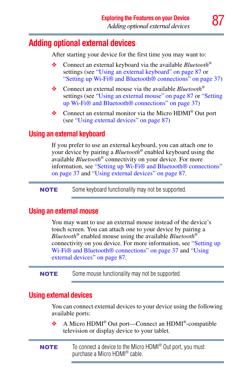 Adding optional external devices, Using an external keyboard, Using an external mouse | Using external devices, Using external | Toshiba Excite 10 GMAD00301010 User Manual | Page 87 / 122