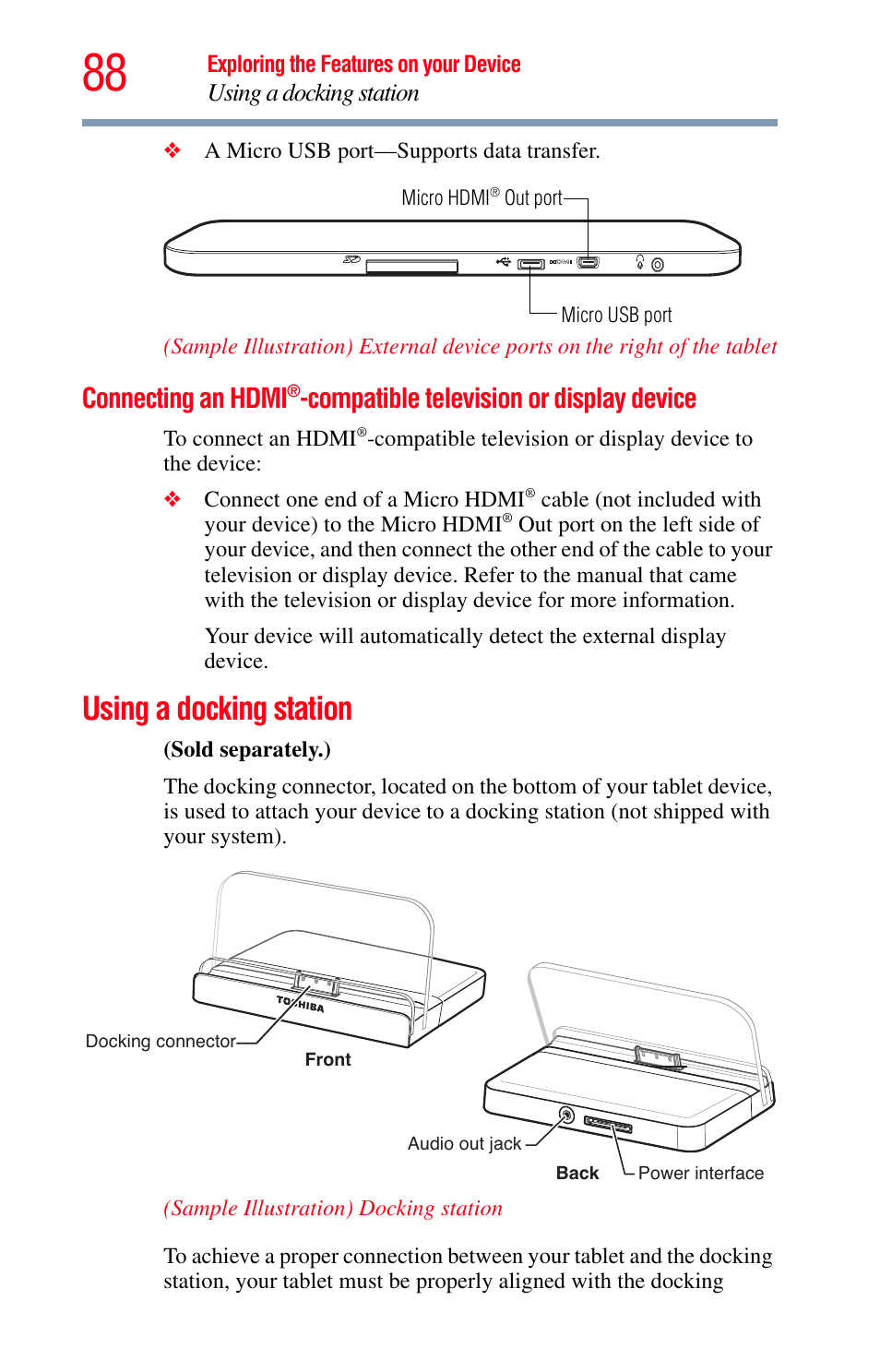 Using a docking station, Connecting an hdmi®-compatible, Television or display device | Connecting an hdmi, Compatible television or display device | Toshiba Excite 10 GMAD00301010 User Manual | Page 88 / 122