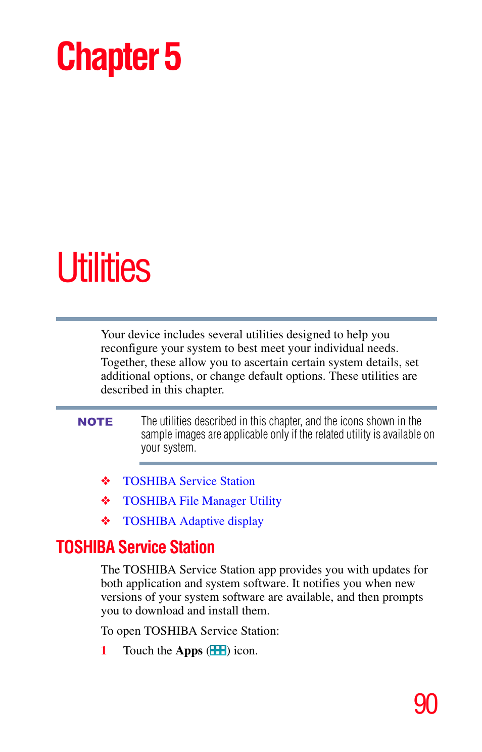 Chapter 5: utilities, Toshiba service station, Utilities | Chapter 5 | Toshiba Excite 10 GMAD00301010 User Manual | Page 90 / 122