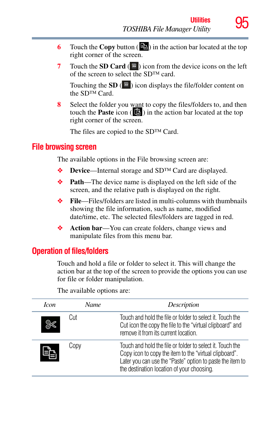 File browsing screen, Operation of files/folders, File browsing screen operation of files/folders | Toshiba Excite 10 GMAD00301010 User Manual | Page 95 / 122