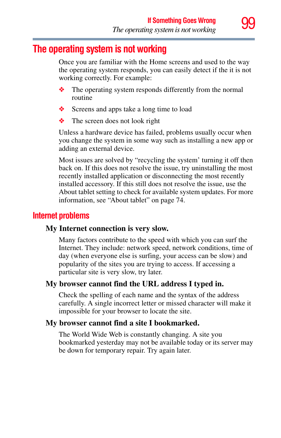 The operating system is not working, Internet problems | Toshiba Excite 10 GMAD00301010 User Manual | Page 99 / 122