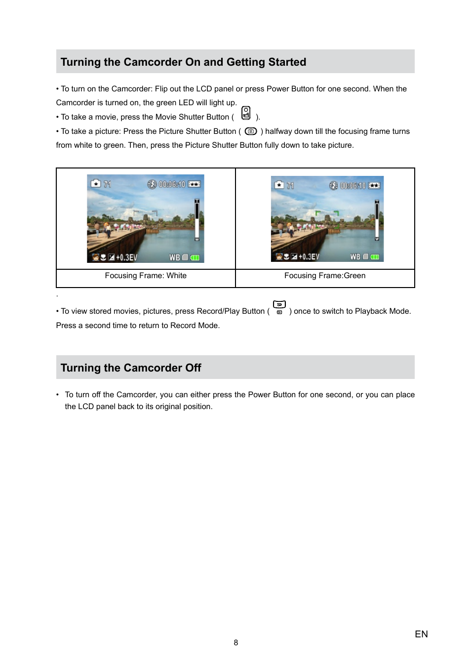 Turning the camcorder on and getting started, Turning the camcorder off | Toshiba Camileo H10 User Manual | Page 10 / 47